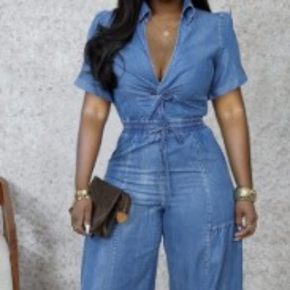 V Neck Short Sleeve Pull-On Waist Casual Pocket Denim Romper